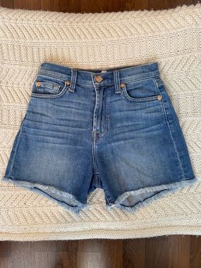 7 For All Mankind Medium Blue Frayed Hem High-Rise Jean Shorts